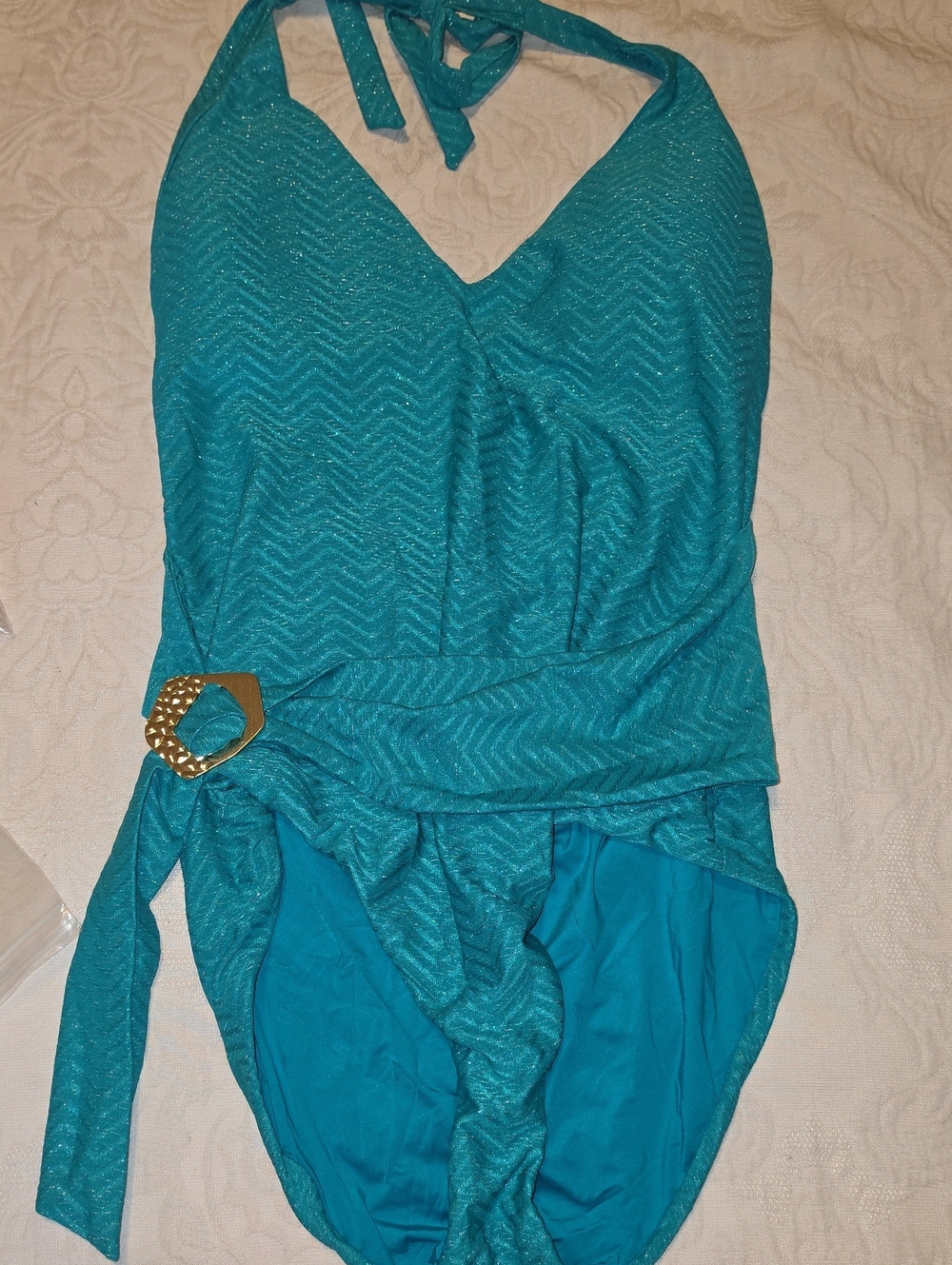 Trina Turk Teal Halter One-Piece Swimsuit with Gold Buckle